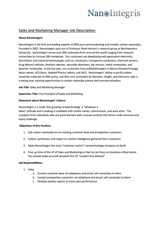 Sales And Marketing Manager Job Description Printable pdf