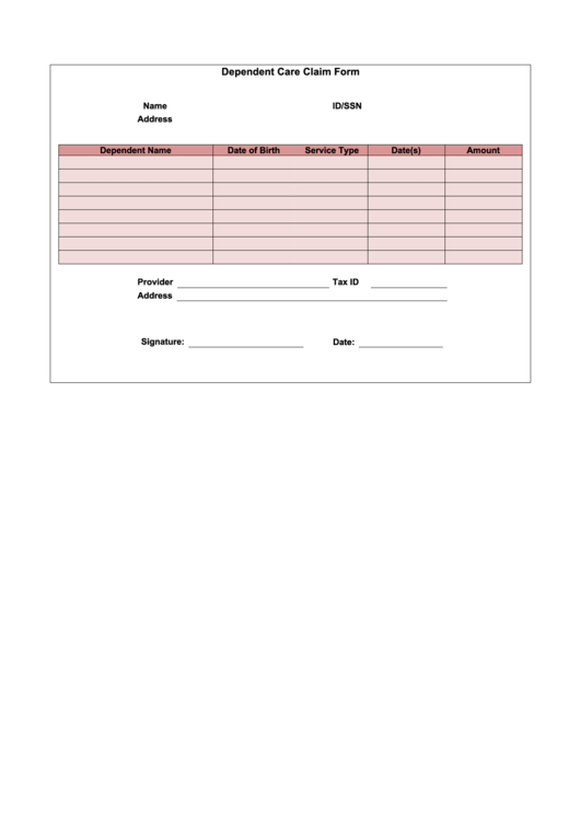 Dependant Care Claim Form Printable pdf