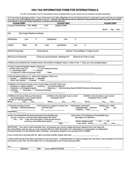 Fillable Vsu Tax Information Form For Internationals Printable pdf