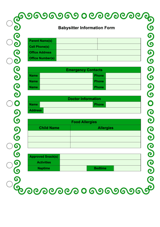 Babysitter Information Sheet Printable pdf