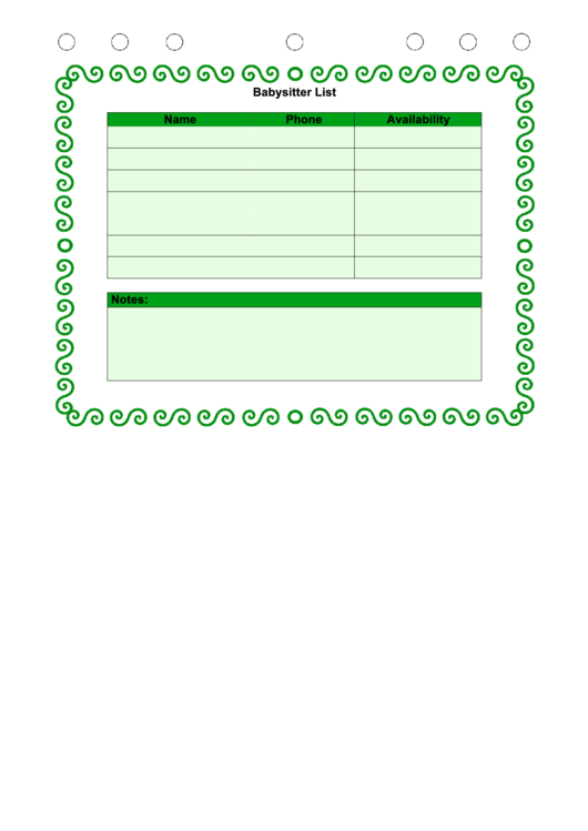 Babysitter List Template - Green Printable pdf