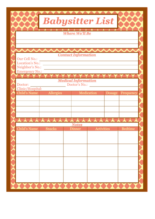 Babysitter List Template - Orange Printable pdf