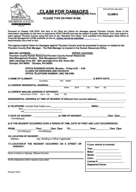 Thurston County Claim For Damages Form - 2013 Printable pdf