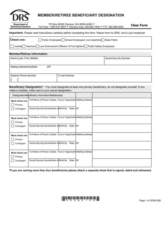 Fillable Form Drs Ms 100 (Rev 8/10) - Member/retiree Beneficiary Designation Form Printable pdf