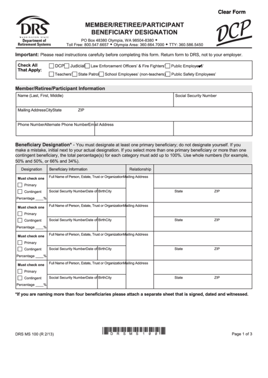 Fillable Form Drs Ms 100 (Rev 2/13) - Member/retiree/participant Beneficiary Designation Form Printable pdf
