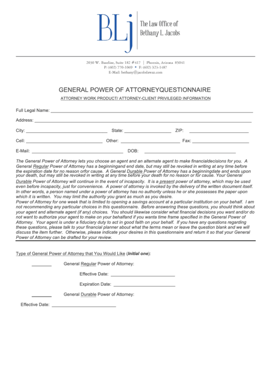 General Power Of Attorney Questionnaire Template Printable pdf