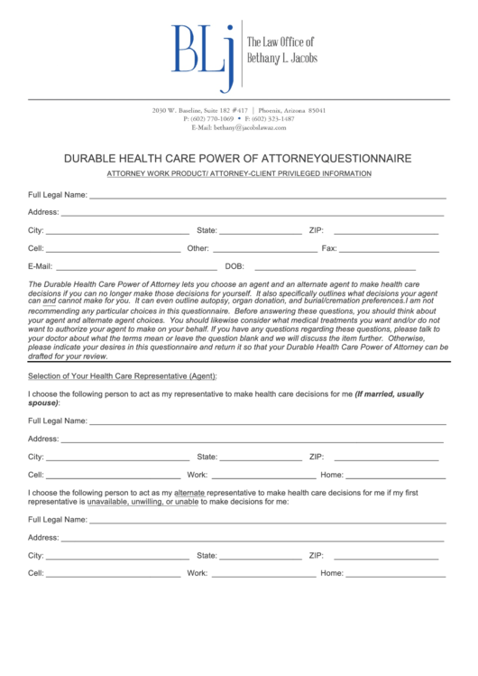 Durable Health Care Power Of Attorney Questionnaire Template Printable pdf