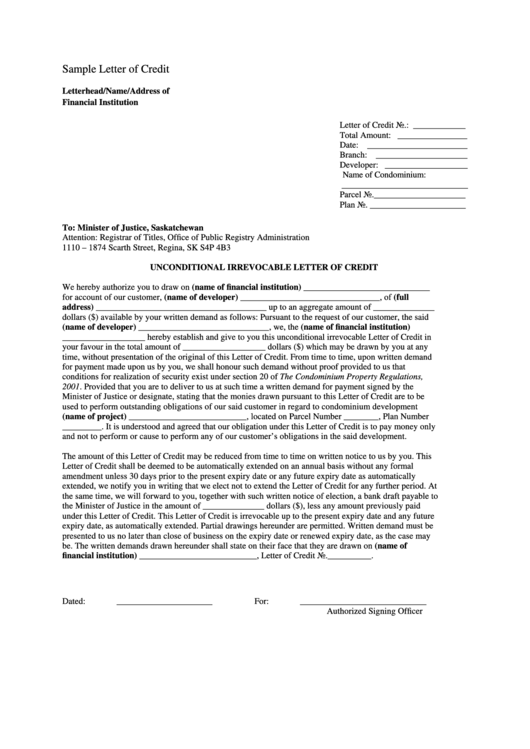 Unconditional Irrevocable Letter Of Credit Template Printable pdf