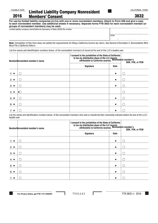 Fillable Form 3832 - Limited Liability Company Nonresident Members Consent - 2016 Printable pdf