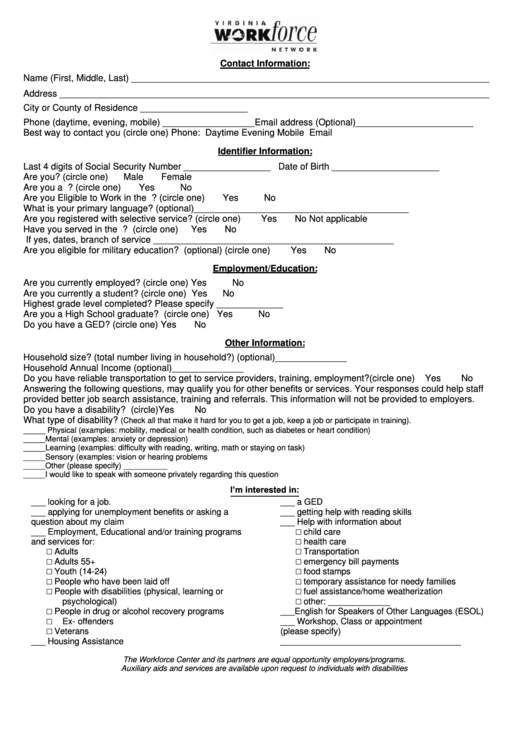 Job Application Form - Virginia Workforce Network Printable pdf