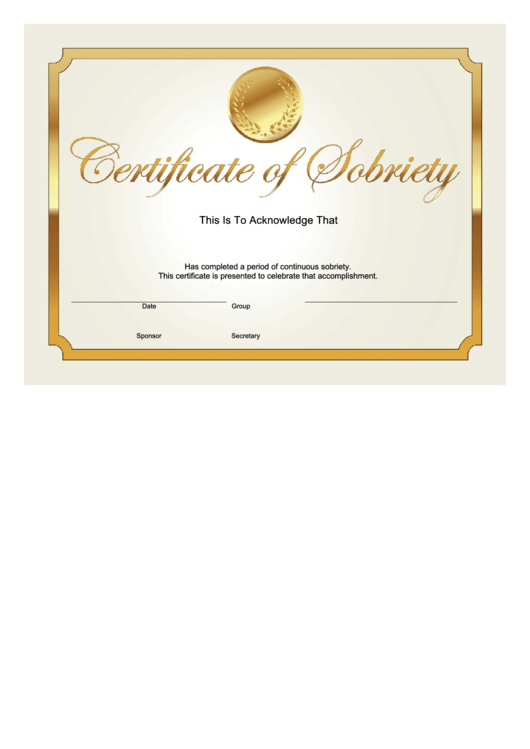 Sobriety Certificate Template (Gold) Printable pdf