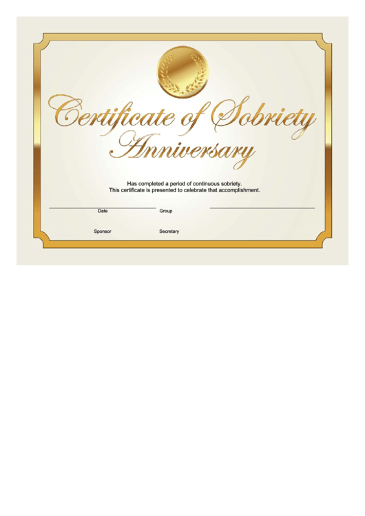 Sobriety Anniversary Certificate Template (Gold) Printable pdf