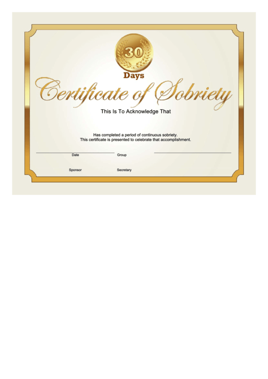 Sobriety Certificate Template - 30 Days - Gold Printable pdf