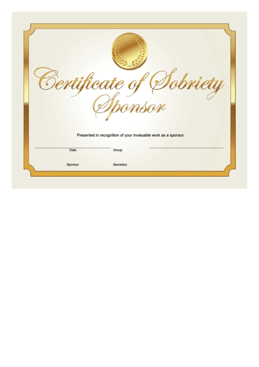 Sobriety Sponsor Certificate Template Printable pdf