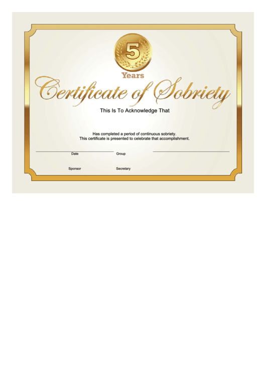 Sobriety Certificate Template - 5 Years - Gold Printable pdf