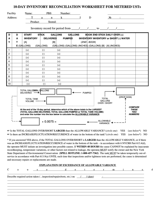 10-Day Inventory Reconciliation Worksheet For Metered Usts Printable pdf