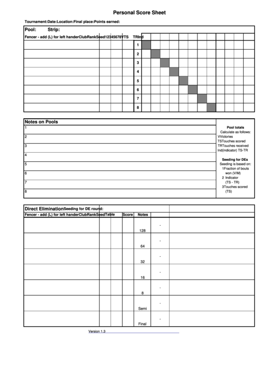 Personal Score Sheet - Pope Greyhound Fencing Club Printable pdf