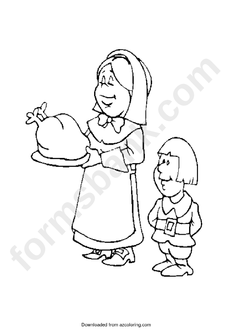 Pilgrim Woman And Boy With Cooked Turkey - Coloring Sheet