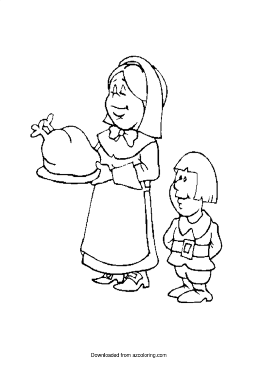 Pilgrim Woman And Boy With Cooked Turkey - Coloring Sheet Printable pdf