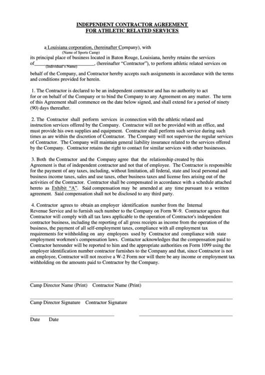 Independent Contractor Agreement For Athletic Related Services Form Printable pdf