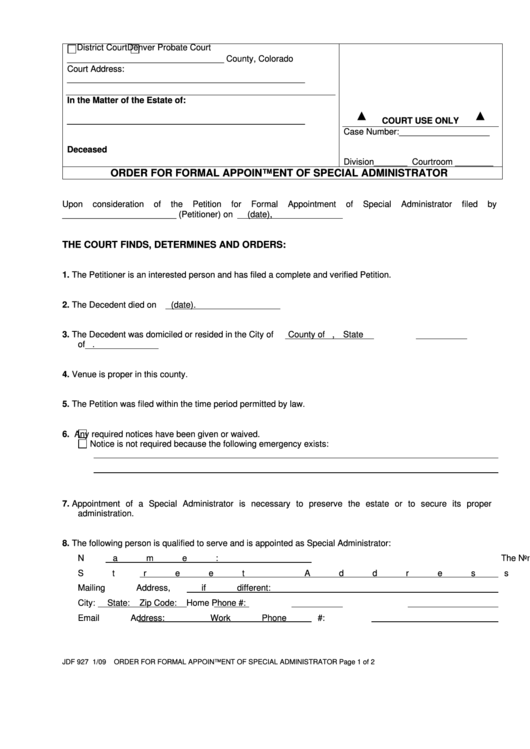 Fillable Jdf 927 - Order For Formal Appointment Of Special Administrator Form Printable pdf