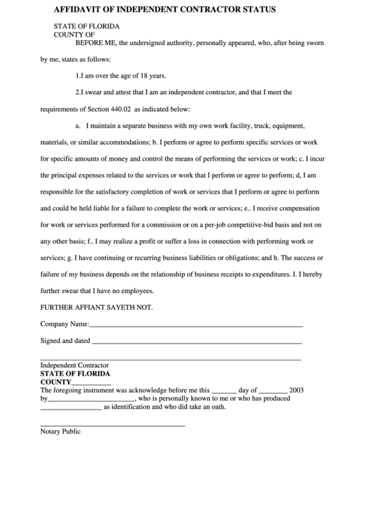 Independent Contractor Agreement Template - State Of Florida Printable pdf