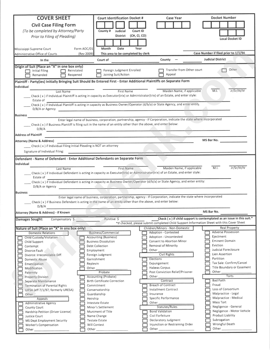 Civil Case Filing Form - Cover Sheet