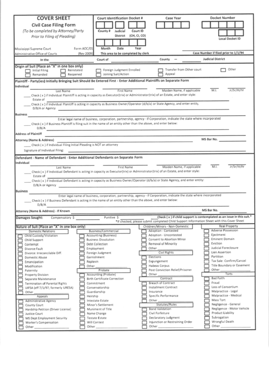 Civil Case Filing Form - Cover Sheet Printable pdf