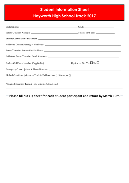Student Information Sheet - Heyworth High School Track - 2017 Printable pdf