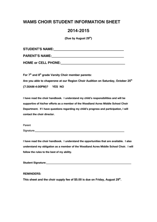 Wams Choir Student Information Sheet (2014-2015) Printable pdf