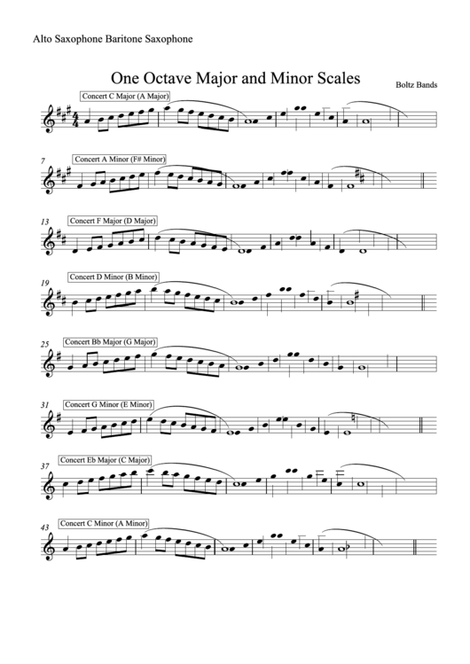 One Octave Major And Minor Scales Sheet - Alto Saxophone Baritone - Boltz Bands Printable pdf