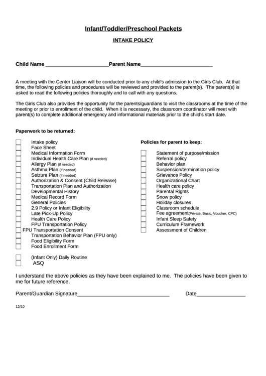 Infant-Toddler-Preschool Packets - Intake Policy Form Printable pdf