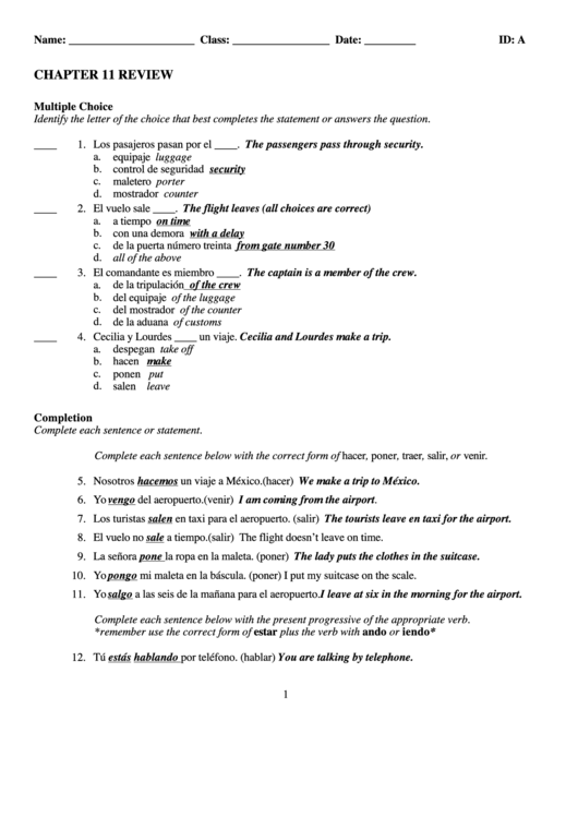 Id: A -Chapter 11 Review - Spanish Language Worksheet Printable pdf