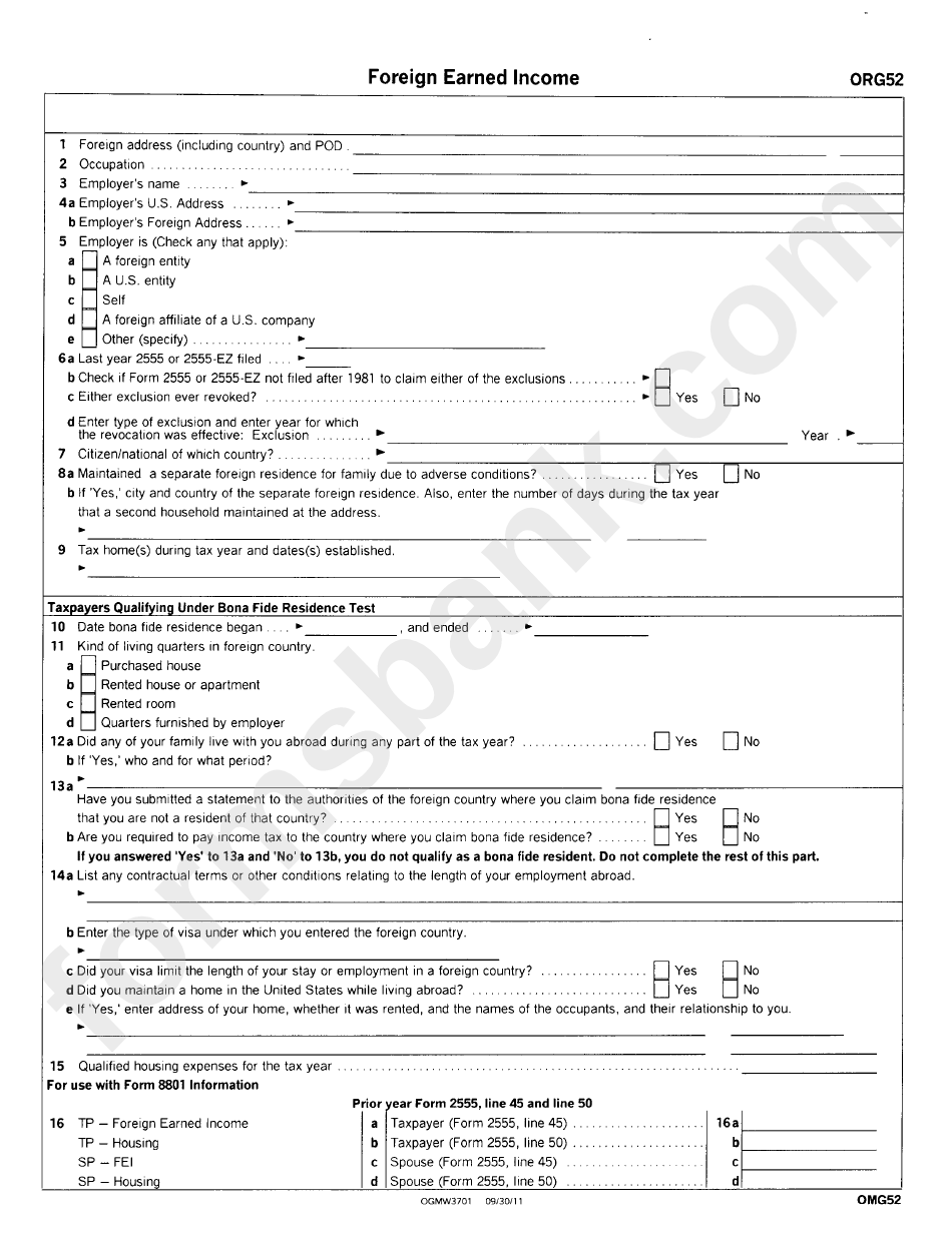 Form 0rg52 - Foreign Earned Income Worksheet (Form 2555)