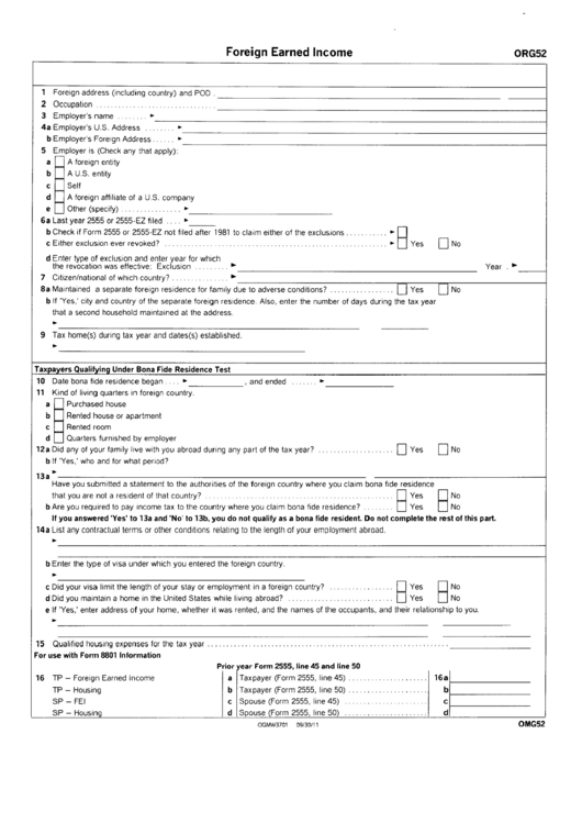 Form 0rg52 - Foreign Earned Income Worksheet (Form 2555) Printable pdf