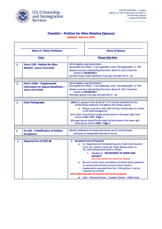 Petition For Alien Relative Checklist Template Printable pdf