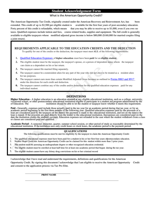 Student Acknowledgement Form Printable pdf