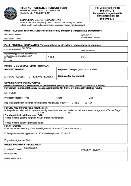 Prior Authorization Request Form - Pediatric Growth Hormone Printable pdf