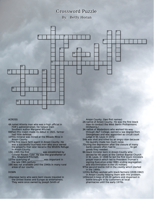 Crossword Puzzle Template - By Betty Horan Printable pdf