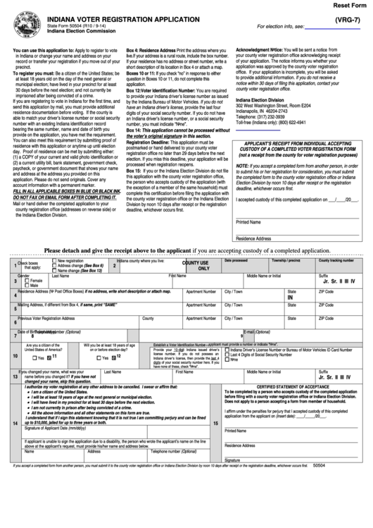 Fillable Vrg-7 - Indiana Voter Registration Application Form Printable pdf