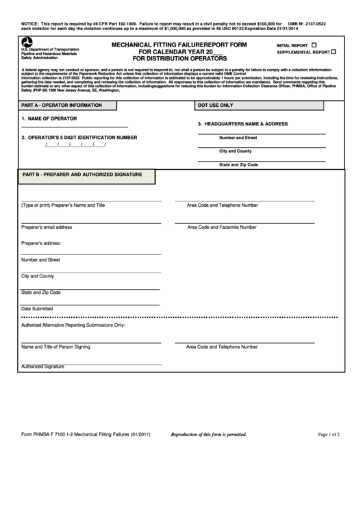 Form Phmsa F 7100.1-2 - Mechanical Fitting Failure Report Form For Distribution Operators Printable pdf