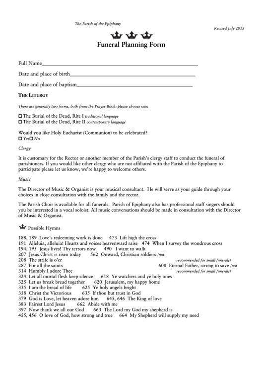 Funeral Planning Form (Sample) printable pdf download