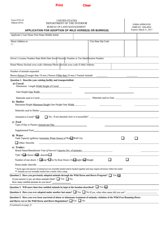 Fillable Form 4710-10 - Application For Adoption Of Wild Horse(S) Or Burro(S) - 2014 Printable pdf