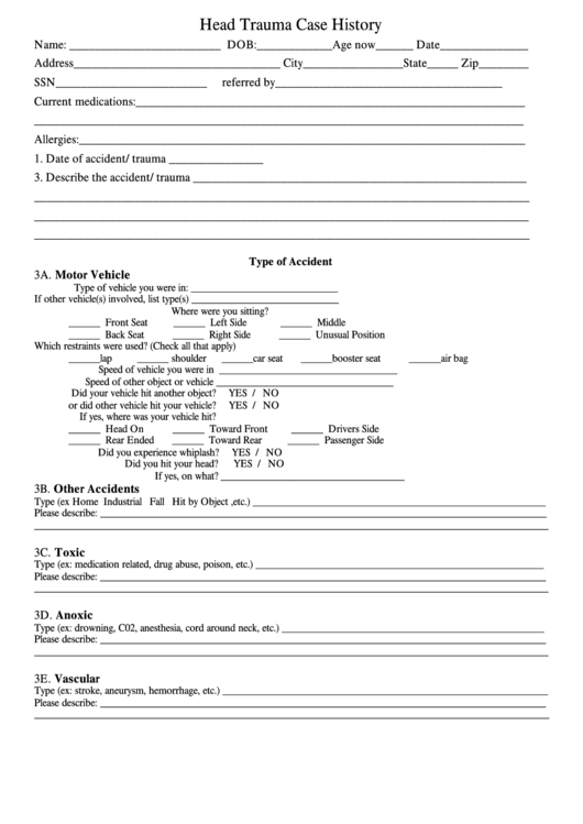 Head Trauma Case History Form Printable pdf