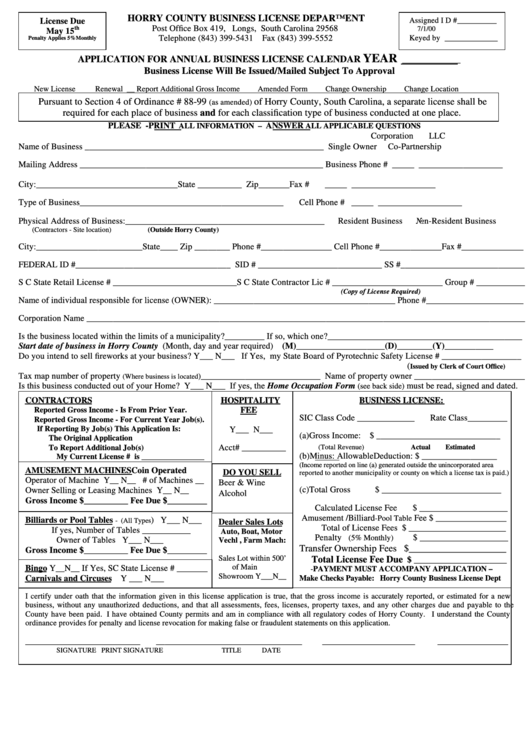 Application For Annual Business License - Horry County Business License Department Printable pdf