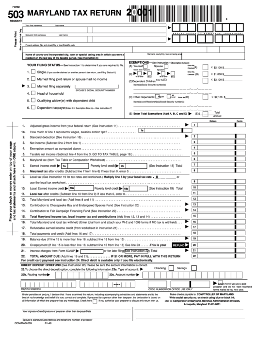 Fillable Form 503 - Maryland Tax Return - 2001 Printable pdf