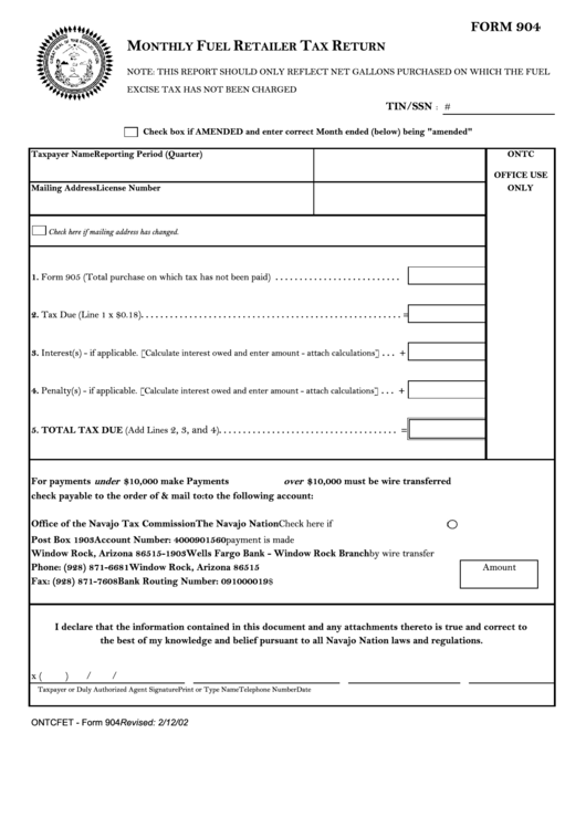 Form 904 - Monthly Fuel Retailer Tax Return Printable pdf