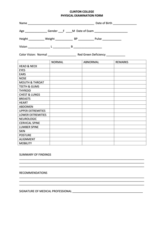 College Physical Examination Form Printable pdf