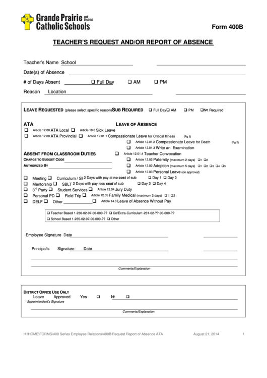 Fillable 400b Request Report Of Absence - Grande Prairie And Distric Catholic Schools Printable pdf