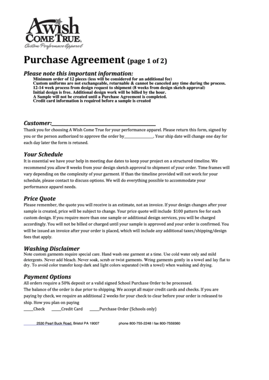 Custom Design Purchase Agreement Form - A Wish Come True Printable pdf